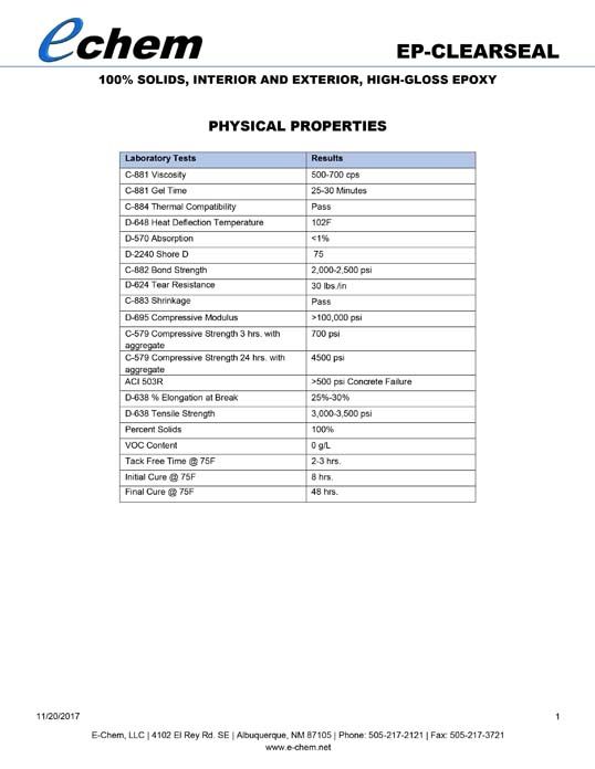 EP-CLEARSEAL Physical Properties