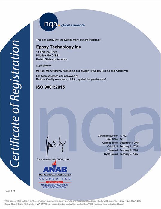 Epoxy Technology ISO 9001 Certificate