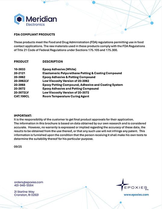 FDA 175.105 and 175.300 Compliant Products 