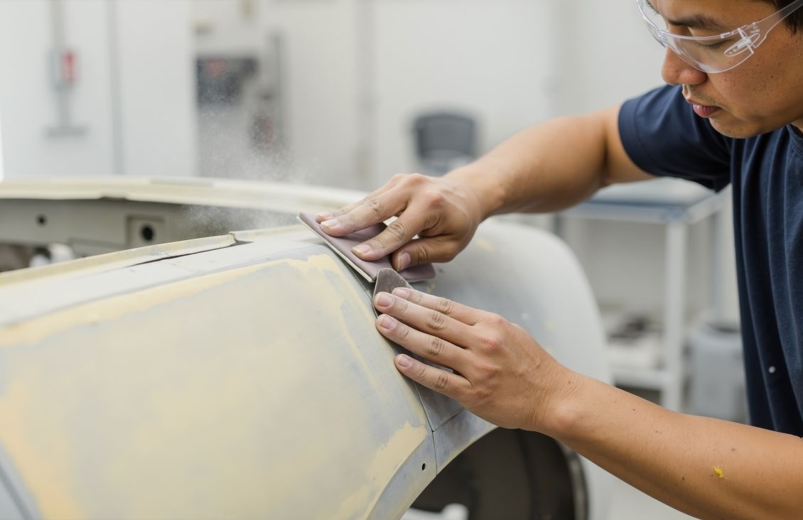 Asian mechanic sanding car body with sandpaper in workshop. Auto body technician repairing vehicle surface with filler. Professional man working on car restoration